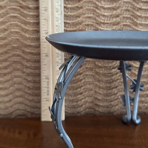 Set of 2 Round Metal 4" Tall Footed Silver Pillar Candle Holder w/ Leaf Accent - Picture 4 of 5